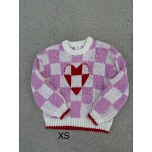 Luna Ivy Pink Cream Check Heart Chunky Knit Long Sleeve Crew Sweater XS